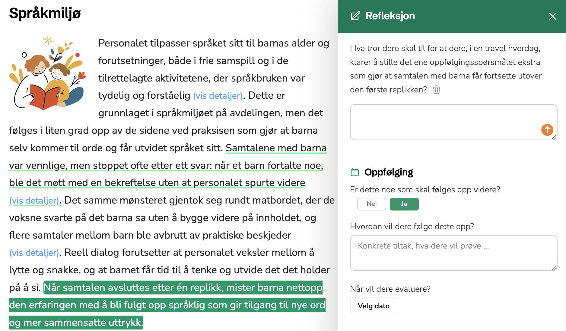 Refleksjonspanelet — markert setning i rapporten, refleksjonsspørsmål og personalets refleksjoner i margen